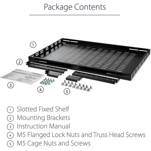 StarTech.com 1U Adjustable Vented Server Rack Mount Shelf - 175lbs - 19.5 to 38in Adjustable Mounting Depth Universal Tray for 19" AV/ Network Equipment Rack - 27.5in Deep (ADJSHELF), Black, 1.6"x17.5"x38.3"