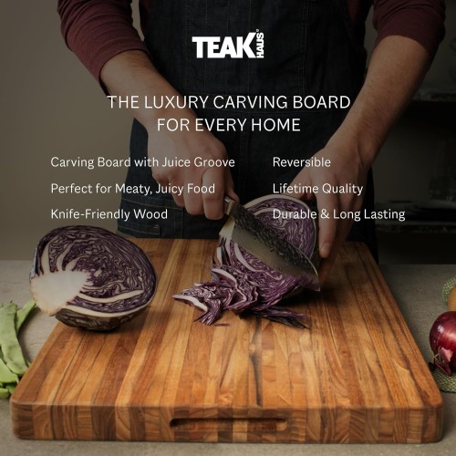 Teakhaus Cutting Board - Large Wood Cutting Board with Grip Handles - Reversible Teak Edge Grain Wood - Knife Friendly - FCS Certified