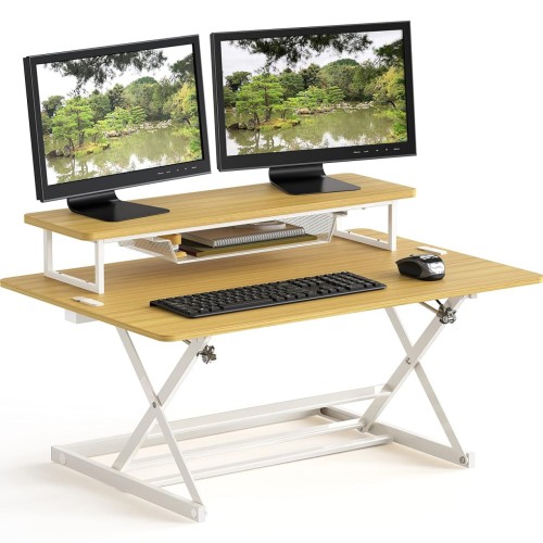 SHW 36-Inch Over Desk Height Adjustable Standing Desk With Monitor Riser, Oak