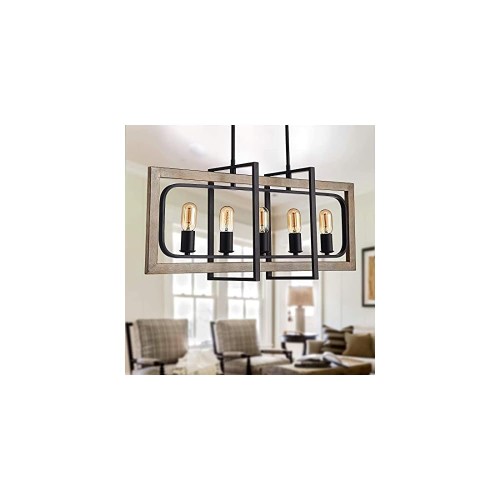 Rustic Rectangle Chandelier with White Oak Wood Color and Black Finish