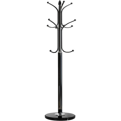 Kertnic Metal Coat Rack Stand with Natural Marble Base, Free Standing Hall Tree with 12 Hooks for Hanging Scarf, Bag, Jacket, Home Entry-way Hat Hanger Organizer (Black)