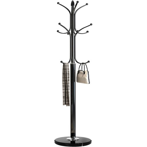 Kertnic Metal Coat Rack Stand with Natural Marble Base, Free Standing Hall Tree with 12 Hooks for Hanging Scarf, Bag, Jacket, Home Entry-way Hat Hanger Organizer (Black)