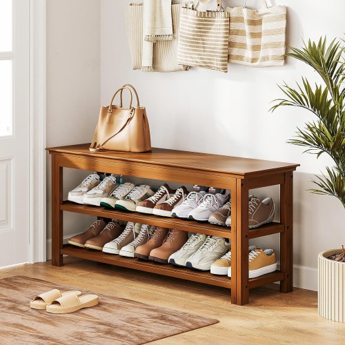 Bamworld Shoe Bench 3 Tier Bamboo Entryway Storage Benches Rustic Solid Wood Shoe Rack (R-Brown,39.4")