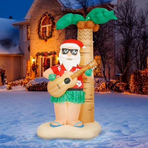 Holidayana Hula Santa Christmas Inflatable - 8 ft Tall Hula Santa on Beach Christmas Inflatable Outdoor Yard Decoration with LED Lights, Fan, and Stakes