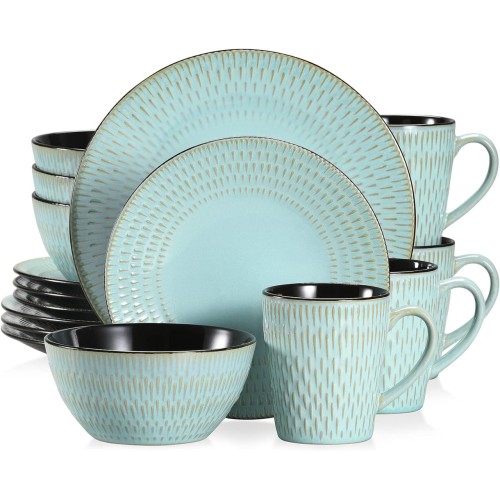 vancasso PLUVO Embossed Dinner Set, Stoneware Vintage Look Green Dinnerware Tableware, 16 Pieces Dinner Service Set for 4, Include Dinner Plate, Dessert Plate, Cereal Bowl and Mug