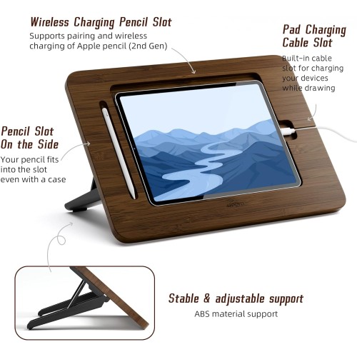 AFOOYO Bamboo iPad Drawing Stand Tablet Stand - Portable & Adjustable 5 Angles for Laptop, Laptop Stand Riser,Book Reading Stand,Compatible with 12.9 inch iPad Pro-3rd - 6th Gen(Walnut Varnish)