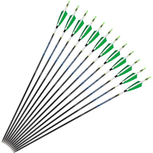 12pc 30-Inch 500-Spine Arrow Removable Tips Targeting Hunting Arrow Turkey Feather 4 Inch Feathered Carbon Arrows for Traditional Bow Long-Bow Compound Bow Recurve Bow Adult Youth Archery