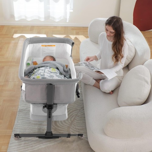 Ihoming Baby Bassinet Bedside Sleeper, 3 in 1 Convertible Design, lnfant Bed & Bed Side Sleeper & Cradle Bassinets, Co Sleeper Bedside Crib Attaches to Bed, Light Grey