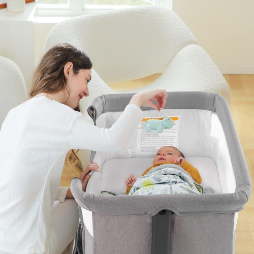 Ihoming Baby Bassinet Bedside Sleeper, 3 in 1 Convertible Design, lnfant Bed & Bed Side Sleeper & Cradle Bassinets, Co Sleeper Bedside Crib Attaches to Bed, Light Grey