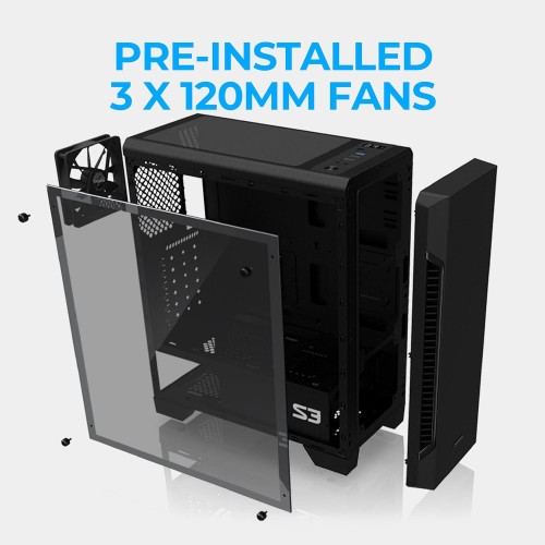 Zalman - S3 - ATX Mid-Tower PC Case - Full Acrylic Side Panel - 3x Case Fan 120mm Pre-Installed, Black