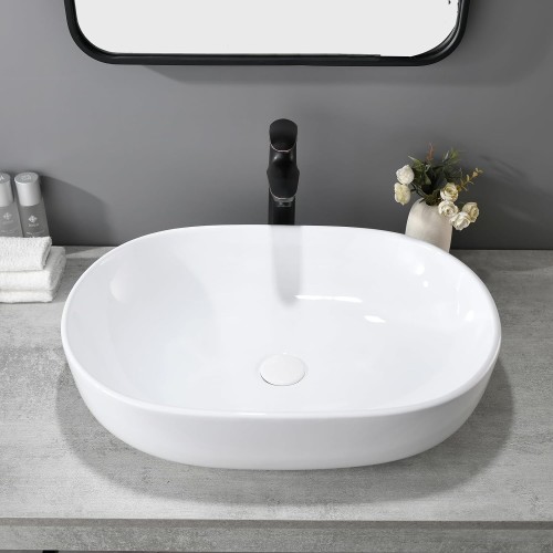 Oval Vessel Sink, VAPSINT 23"x16" White Ceramic Bathroom Vessel Sink Modern Oval Shape Above Counter Bathroom Lavatory Vanity Sink Art Basin