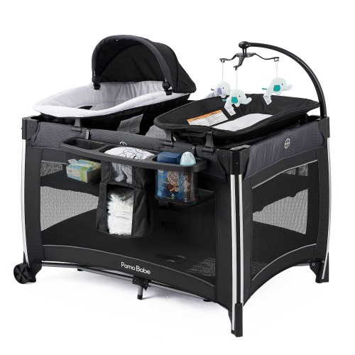 Pamo Babe 4 in 1 Portable Baby Crib Deluxe Nursery Center, Foldable Travel Playard with Bassinet, Mattress, Changing Table for Newborn, Infant, Toddler(Black)