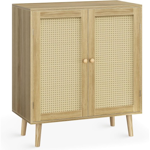 Buffet Cabinet with Storage, Storage Cabinet with PE Rattan Decor Doors, Accent Cabinet with Solid Wood Feet, Sideboard Cabinet for Hallway, Entry, Living Room, Natural