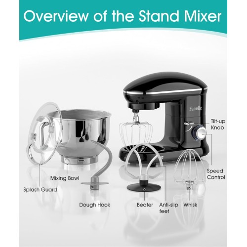 Facelle Electric Stand Mixer, 660W 6 Speed Kitchen Mixer with Pulse Button, Attachments include 6.5 QT Bowl, Dishwasher Safe Beater, Dough Hook, Whisk & Splash Guard for Dough, Baking, Cookie