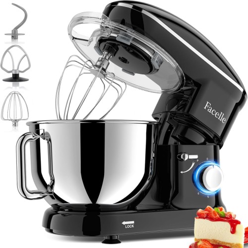 Facelle Electric Stand Mixer, 660W 6 Speed Kitchen Mixer with Pulse Button, Attachments include 6.5 QT Bowl, Dishwasher Safe Beater, Dough Hook, Whisk & Splash Guard for Dough, Baking, Cookie