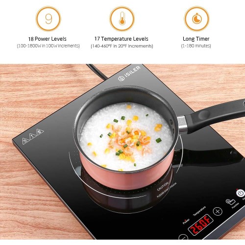 Portable Induction Cooktop, iSiLER 1800W Sensor Touch Electric Induction Cooker Hot Plate with Kids Safety Lock, 6.7" Heating Coil, 18 Power 17 Temperature Setting Countertop Burner with Timer