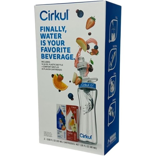 Cirkul 22 oz Plastic Water Bottle Starter Kit with Blue Lid With 1 Fruit Punch & 1 Mixed Berry Cartridge - Great for staying hydrated.