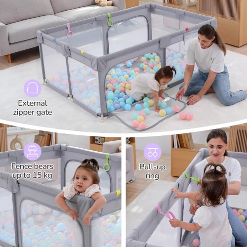 Dripex Baby Playpen, 71"x47" Large Play Pens for Babies and Toddlers, Safe Anti-Fall Play Yard, Visible Baby Play Pen with Gate, Baby Fence Play Area with Pull-up Ring, Washable Baby Play Yards, Grey