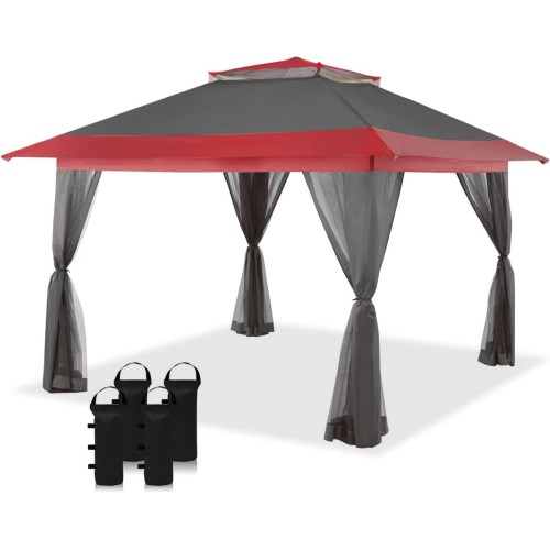 CROWN SHADES 13X13 Outdoor Pop Up Gazebo Base 10X10 Patio Gazebos Patented Center Lock Quick Setup Newly Designed Storage Bag Instant Canopy Tent with Mosquito Nettings (13x13, Red & Grey)