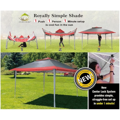 CROWN SHADES 13X13 Outdoor Pop Up Gazebo Base 10X10 Patio Gazebos Patented Center Lock Quick Setup Newly Designed Storage Bag Instant Canopy Tent with Mosquito Nettings (13x13, Red & Grey)