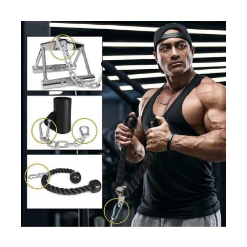 A2ZCARE Combo LAT Pull Down Attachment - Cable Machine Accessories for Home Gym with Multi Option: V-Handle, Tricep Rope, D-Handle, V-Shaped Bar, Curl Bar and Rotating Bar Snap Hook (Set of 4)