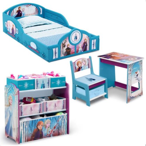 Disney Frozen II 4-Piece Room-in-a-Box Bedroom Set by Delta Children – Includes Sleep & Play Toddler Bed, 6 Bin Design & Store Toy Organizer and Desk with Chair