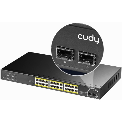 Cudy 24 Gigabit Ethernet Unmanaged PoE+ Switch, 300W, 24 * 100/1000Mbps PoE+ Ports, 2 Gigabit SFP, CCTV / VLAN Mode, 19-inch Rackmount, 802.3af/at, GS1028PS2