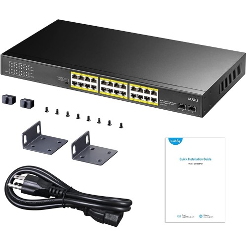 Cudy 24 Gigabit Ethernet Unmanaged PoE+ Switch, 300W, 24 * 100/1000Mbps PoE+ Ports, 2 Gigabit SFP, CCTV / VLAN Mode, 19-inch Rackmount, 802.3af/at, GS1028PS2