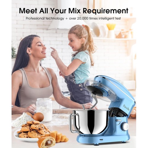 Facelle Electric Stand Mixer, 660W 6 Speed Kitchen Mixer with Pulse Button, Attachments include 6.5 QT Bowl, Dishwasher Safe Beater, Dough Hook, Whisk & Splash Guard for Dough, Baking, Cookie (Blue)