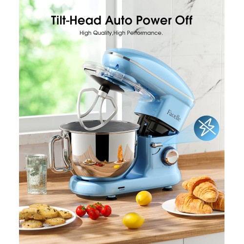 Facelle Electric Stand Mixer, 660W 6 Speed Kitchen Mixer with Pulse Button, Attachments include 6.5 QT Bowl, Dishwasher Safe Beater, Dough Hook, Whisk & Splash Guard for Dough, Baking, Cookie (Blue)