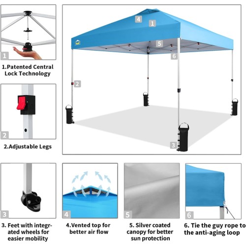 Crown Shades 10x10 Pop up Canopy Tent, Patented One Push Pop Up Tent with Wheeled Carry Bag, Bonus 8 Stakes and 4 Ropes, Sky Blue