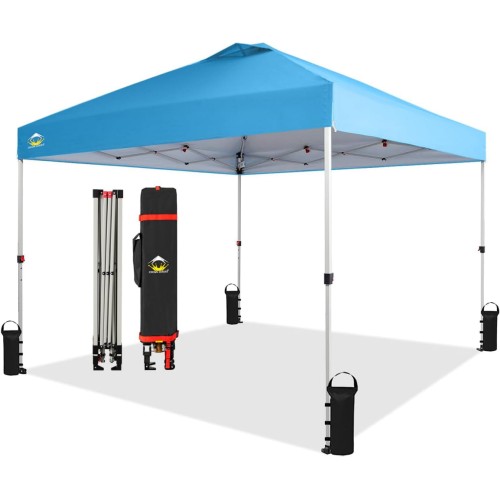 Crown Shades 10x10 Pop up Canopy Tent, Patented One Push Pop Up Tent with Wheeled Carry Bag, Bonus 8 Stakes and 4 Ropes, Sky Blue