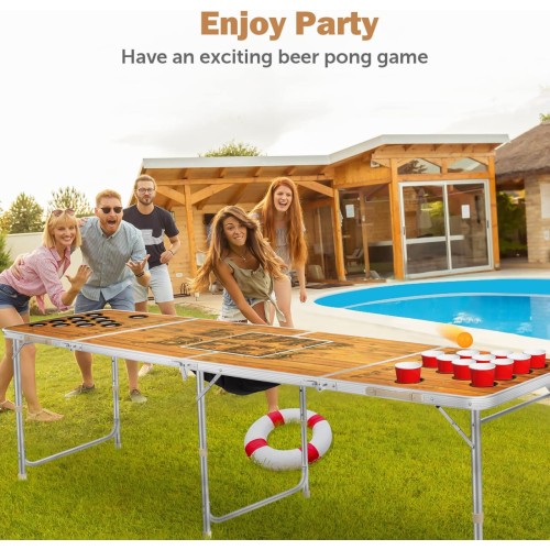 Coobi Beer Pong Table,8 Foot Beer Pong Table with Ice Bag & Cup Holes,Adjustable Height ,Ideal for College Tailgate Parties