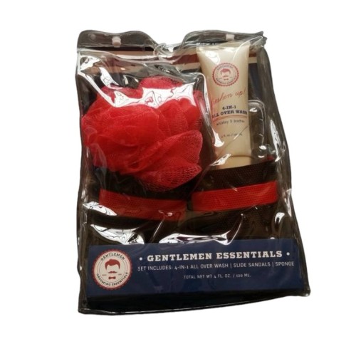 GENTLEMEN ESSENTIALS 4 IN 1 ALL OVER WASH SLIDE SANDALS RED SPONGE 4 OZ SET