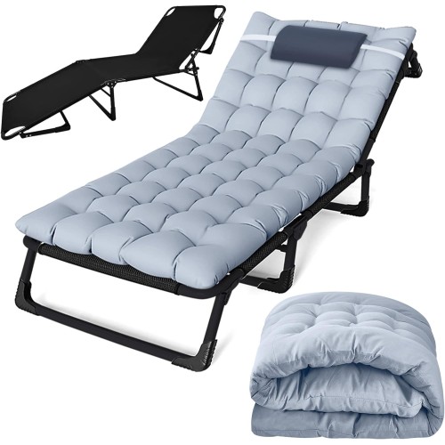 4 Position Reclining Chaise Lounge Chair with Mattress and Pillow for Outside, Folding Camping Cot for Adults, Portable Foldable Sleeping Bed Lounger Outdoor for Patio Yard Lawn Beach Pool Sun Tanning