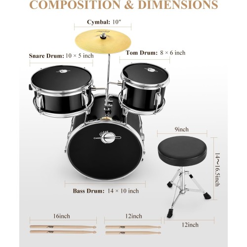 Eastar Drum Set 14'' for Kids Beginners,3 Piece with Bass Tom Snare Drum,Adjustable Throne, Cymbal, Pedal & Two Pairs of Drumsticks, Metallic All Black