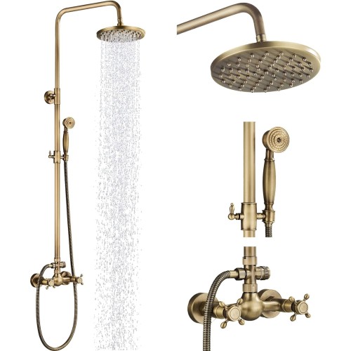 MOSSON Antique Brass Shower System Bathroom Shower Faucet Set with 8 Inch Rainfall Shower Head Handheld Spray 2 Cross Handles Wall Mounted Outdoor Shower Fixtures Solid Brass