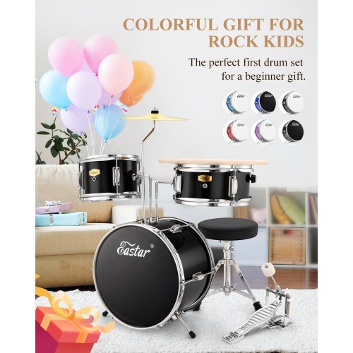 Eastar Drum Set 14'' for Kids Beginners,3 Piece with Bass Tom Snare Drum,Adjustable Throne, Cymbal, Pedal & Two Pairs of Drumsticks, Metallic All Black