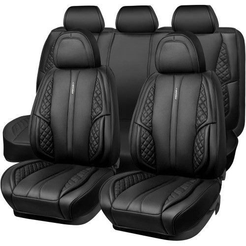 CAR PASS Nappa PU Leather Car Seat Covers Full Set Waterproof Protector Durable Cushioned,Universal Fit for Sedan SUV Pick-up Truck,Automotive, Anti-Slip and Backseat Luxury Premium Deluxe(Black)