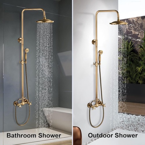 MOSSON Antique Brass Shower System Bathroom Shower Faucet Set with 8 Inch Rainfall Shower Head Handheld Spray 2 Cross Handles Wall Mounted Outdoor Shower Fixtures Solid Brass