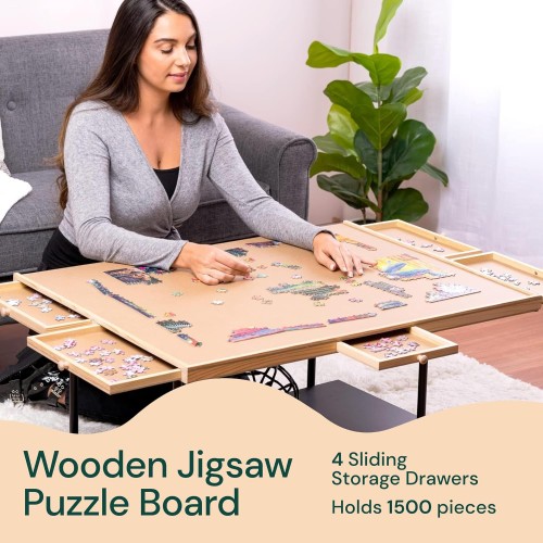 PLAYVIBE 1500 Piece Puzzle Board with Drawers – Jigsaw Puzzle Table with 6 Drawers, 27" x 35" – Wooden Puzzle Organizer – Portable Puzzle Board