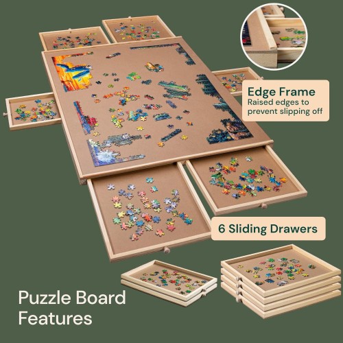 PLAYVIBE 1500 Piece Puzzle Board with Drawers – Jigsaw Puzzle Table with 6 Drawers, 27" x 35" – Wooden Puzzle Organizer – Portable Puzzle Board