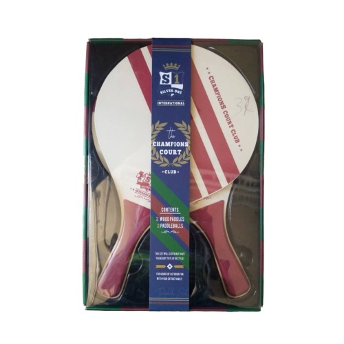 Champions Court Club 2 Wooden Paddles & 2 Balls NEW IN BOX Burgundy