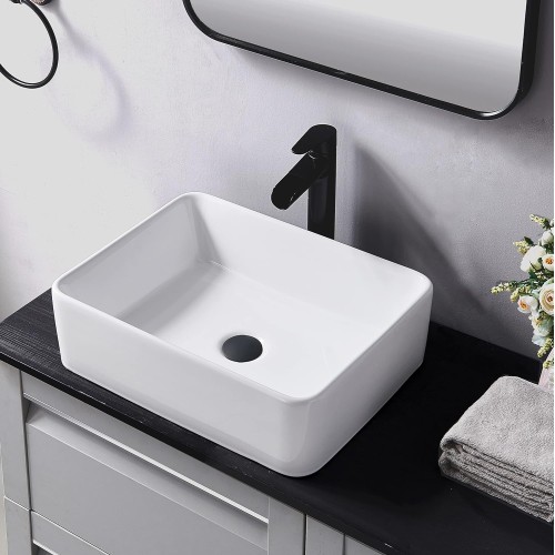 Rectangular Vessel Sink, 16"X12" White Bathroom Sink, Ceramic Vessel Sinks For Bathrooms, Rectangle Farmhouse Small Above Countertop Bathroom Vessel Sink