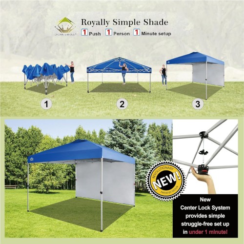 CROWN SHADES 10x10 Pop up Canopy Instant Commercial Canopy with 1 Removable Sidewall,4 Ropes & 8 Stakes & 4 Weight Bags,STO'N and Go Bag, Blue