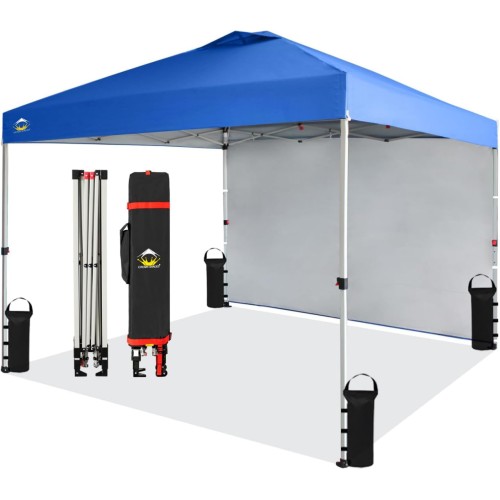 CROWN SHADES 10x10 Pop up Canopy Instant Commercial Canopy with 1 Removable Sidewall,4 Ropes & 8 Stakes & 4 Weight Bags,STO'N and Go Bag, Blue