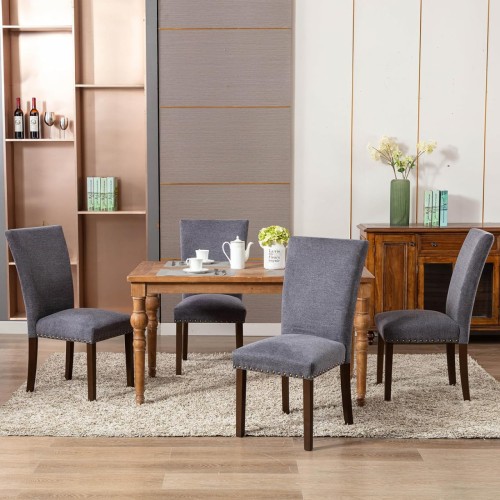 COLAMY Upholstered Parsons Dining Chairs Set of 2, Fabric Dining Room Kitchen Side Chair with Nailhead Trim and Wood Legs - Dark Grey