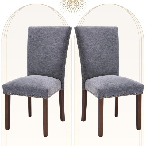 COLAMY Upholstered Parsons Dining Chairs Set of 2, Fabric Dining Room Kitchen Side Chair with Nailhead Trim and Wood Legs - Dark Grey