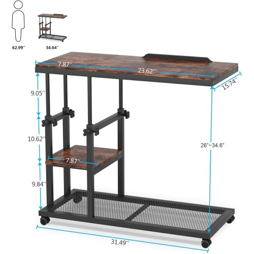 Tribesigns Height Adjustable C Table with Wheels, Mobile Couch Snack Side Table with Tiltable Drawing Board, Sofa Bedside Laptop Stand C Shaped TV Tray with Storage Shelves (Black+Oak)