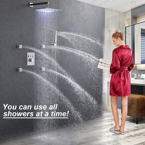 Enga Thermostatic Shower Jets System (Can Use All Options at A Time), Wall Mounted 12 Inch LED Rain Shower Head with Handheld Spray and 4 Body Jets Set, Brushed Nickel